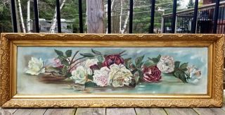 Antique Shabby Chic Yard Of Roses Oil On Canvas Painting In Gold Frame