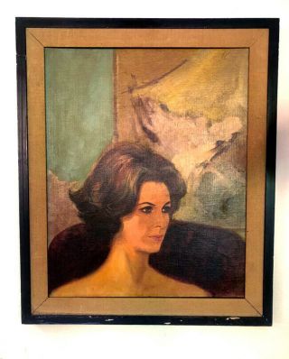 Vintage Mid Century Modern Lady Portrait Oil Painting Framed Mcm