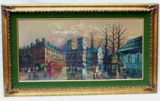 Large Old Paris France Notre Dame Cathedral Street Oil Painting French People