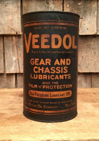 Vintage Veedol Motor Oil Tide Water Oil Co 5 Lbs Grease Lubricant Tin Can Sign