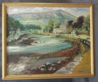 Antique Old Art Oil Painting English Mountain River Landscape A.  Monahan Signed