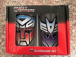 Nib Collectible Transformers Cups Set Of 2 Pint Glasses Autobots Decepticons Htf