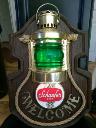 Vintage Schaefer Beer Welcome Lighted Lantern Bar Sign Green Nautical Rope Wood