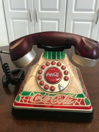 Vintage Stained Glass Look Coca Cola Coke Desk Phone Telephone Lights Up 2