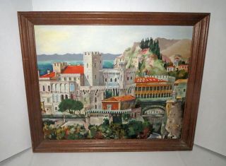 Castle By The Sea Painting Signed Mid Century Seascape