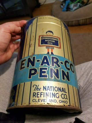 En - Ar - Co National Refining Cleveland Oh 5 Quart Oil Can Vintage Sign