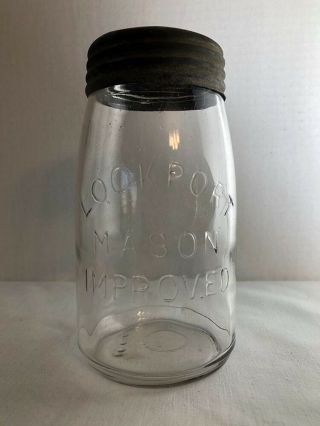Vtg Clear Quart Fruit Jar - Lockport Mason Improved - Canning Bottle