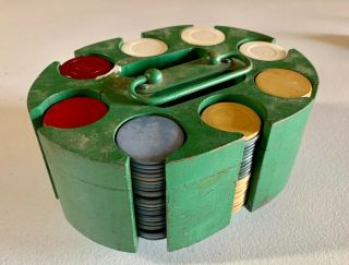 Vintage Clay Poker Chip,  Wooden Caddy Carousel 214 Game Chips Rotating Spinning