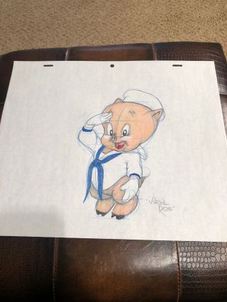 Virgil Ross Sketch - Porky Pig Sailor.  Signed 12.  5x10.  5”