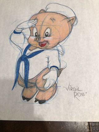 Virgil Ross Sketch - Porky Pig Sailor.  Signed 12.  5x10.  5” 2