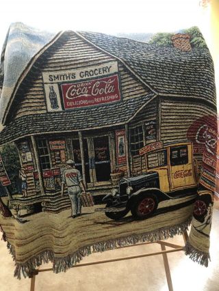 Coca Cola Smiths Grocery Store Texaco Tapestry Fringed Throw Blanket 50” X 60”