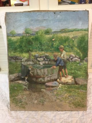Antique Oil On Canvas 2 Boys At Well With Beagle Dog Landscape J H Snow 1935