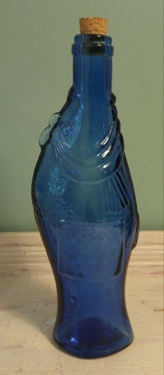 Collectible Recycled Glass Fish Shaped Bottle Rare Cobalt Blue Made In Spain