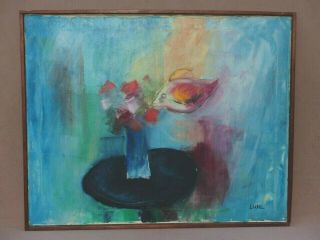 Lubel Mid Century Oil Painting Abstract Vase With Blue Table Signed Art