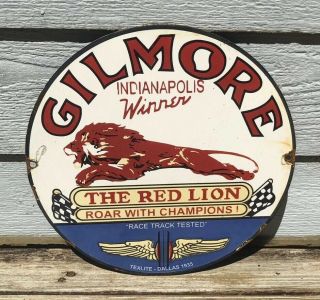 Vintage Gilmore " The Red Lion " Porcelain Enamel Gas Pump Sign Dated 1935