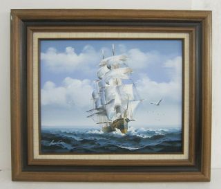 Amos Carr Signed Vintage 1970s Nautical Clipper Ship Oil Painting Framed 24x28