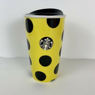 Starbucks Coffee Tumbler Mug Yellow Black Polka Dots Ceramic Lid Travel 12oz