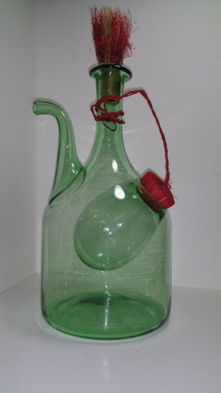 Vintage Hand Blown Italian Glass Bottle,  Green Glass Bottle With Ice Chamber