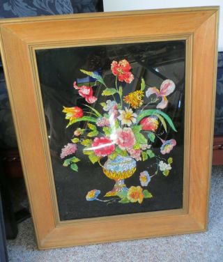 Framed Antique Tinsel Painting Of Floral Still Life