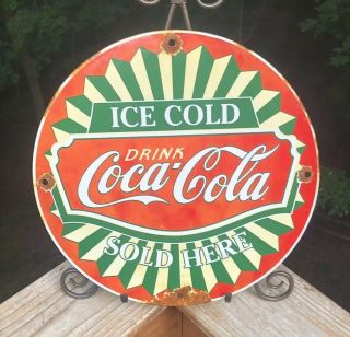 Vintage Ice Cold Coca - Cola Porcelain Sign,  Gas Station,  Soda Jerk,  Pop,  Pepsi