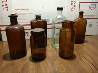 6 Antique Bottles - Milks Emulsion Bottle,  Pfizer (duraglas),  Watkins Co,  Etc.
