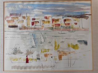 Vintage Unsigned Birdsey Matted Watercolor With Town,  Shore And Sailboats