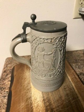 Vintage 1l Ceramic German Beer Stein W/ Metal Flip Top,  Engraved King,  8.  5 " Tall
