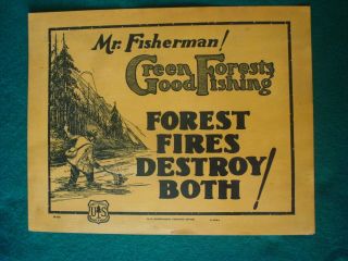 Vintage Us Forest Service Fire Prevent Poster Fisherman Green Forest Good Fishin