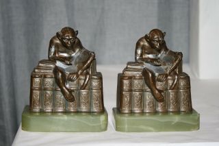 Antique Metal And Green Marble Monkey Reading Books Bookends