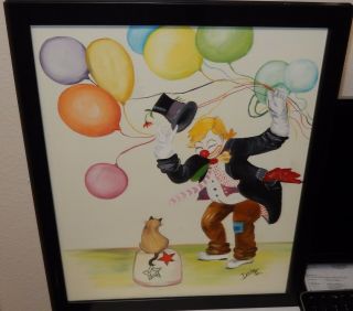 Dodie Happy Circus Clown With Balloons And Cat Oil Canvas Painting 1982