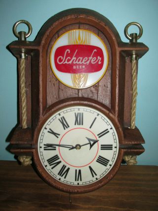Vintage Schaefer Beer Light Up Wall Clock Lighted Sign Wood Look Ropes