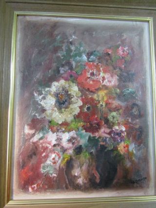 Abstract Mid Century Modern Acrylic Floral Oil Painting On Board Signed Deselle