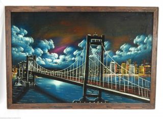 Vintage Framed Bay Bridge San Francisco Signed Velvet Oil Painting 38 X 26 "