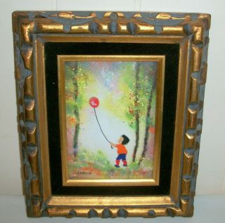 Vintage Louis Cardin Enamel On Copper Painting Little Boy Flying A Balloon