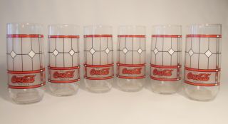 6 Vtg Classic Coca Cola Frosted Stained Glass Look 16 Oz.  Glasses Tumblers Coke