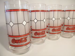 6 Vtg Classic Coca Cola Frosted Stained Glass Look 16 oz.  Glasses Tumblers COKE 2