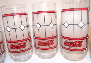 6 Vtg Classic Coca Cola Frosted Stained Glass Look 16 oz.  Glasses Tumblers COKE 3