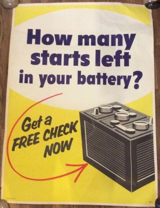 Rare Vintage 4’ X 3’ Mobil Gas Station Battery Check Heavy Paper Poster.  Huge