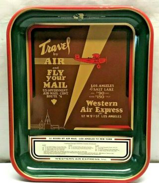 Vtg Western Air Mail Express Metal Beer Tray Airlines Government Airplane Travel