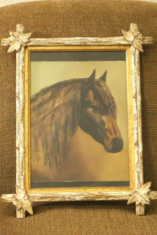 1907 Framed Pony Horse Painting In Wooden Frame Rustic Stable Decor