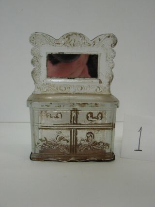 ANTIQUE GLASS CANDY CONTAINER TOY DRESSER BUREAU WITH MIRROR AND CLOSURE 2