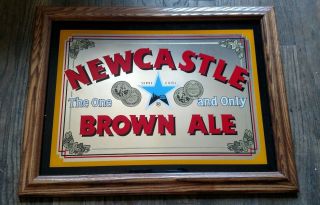 Vintage 21 " X16 " Newcastle Brown Ale Beer Sign Mirror Glass Wood Breweriana