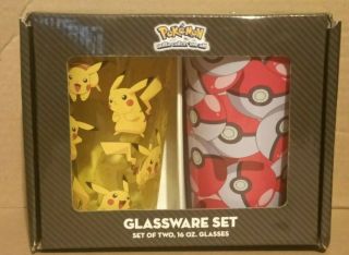 Pokemon Glassware Set - Set Of Two 16 Oz Pint Glasses - Pikachu And Pokeball