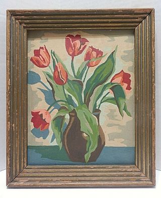 Vintage Framed Paint By Numbers Tulips And Vase 1950 