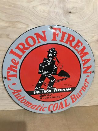 Iron Fireman Coal Burner Gasoline Oil Porcelain Sign
