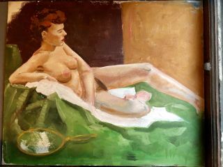 Vintage 1940s Oil On Board Painting Of Female Nude Signed Hayes