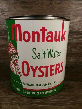 Vintage Montauk Salt Water Oyster Tin Old Indian Head Advertising 1 Gallon Can.