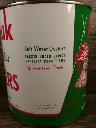 Vintage MONTAUK Salt Water OYSTER TIN Old INDIAN HEAD ADVERTISING 1 Gallon CAN. 3