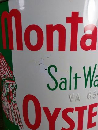 Vintage MONTAUK Salt Water OYSTER TIN Old INDIAN HEAD ADVERTISING 1 Gallon CAN. 5