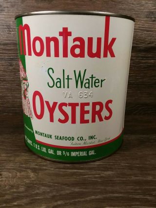 Vintage MONTAUK Salt Water OYSTER TIN Old INDIAN HEAD ADVERTISING 1 Gallon CAN. 6